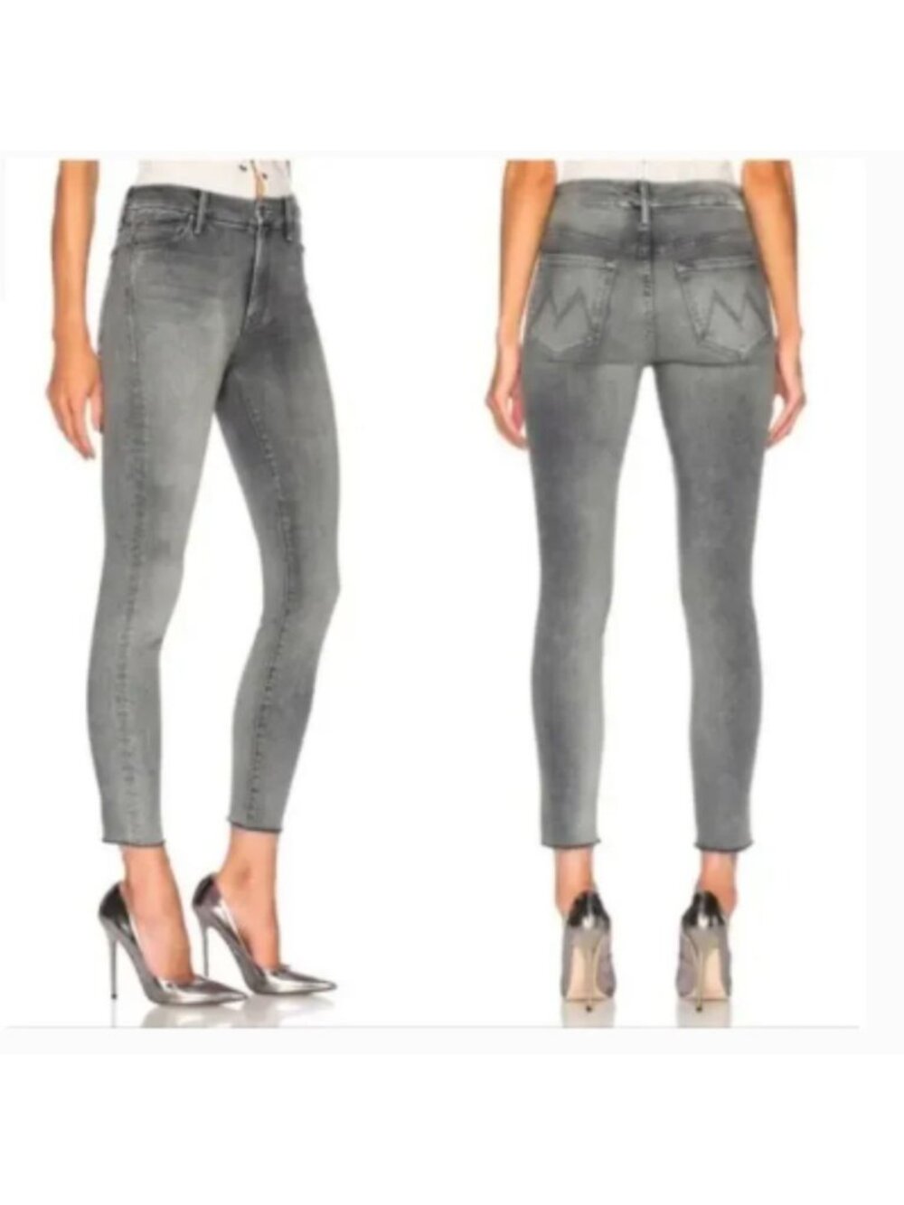 Mother Skinny Jeans Sz 24 Mid Rise Gray Faded Stretch Denim Raw Hem Edgy Grunge